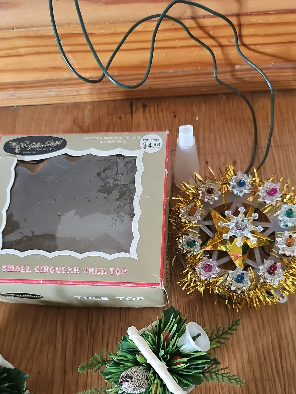 Vintage Christmas Decor Bundle Lighted Treetop, PlasticCandleRings, Elf, Baskets